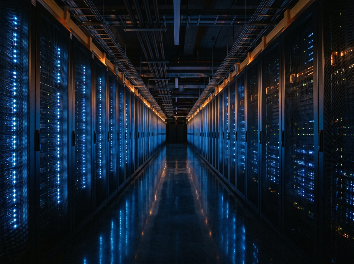 Couloir de datacenter avec LEDs bleues